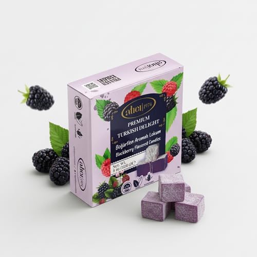 Atici Lokum Authentic Turkish Delight 8oz – Gourmet Vegan Sweets, Gluten-Free, Halal Soft Chewy Candy Gift Box | Traditional Premium Lokum Loukoumi Imported from Turkey (Blackberry Flavored Candies)
