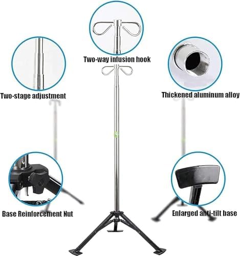 IV Pole Stand, Stainless Steel IV Pole Drip Stand, Height Adjustable IV Drip Pole with Tripod, Foldable Infusion Stand for Elderly Home Care, Hospital and Clinic