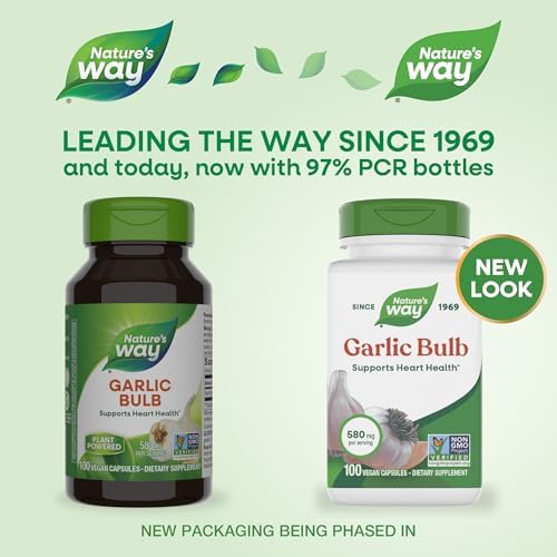 Nature's Way Garlic Bulb, Supports Heart Health*, Non-GMO Project Verified, 580 mg per Serving, Vegan, 100 Capsules (Packaging May Vary)