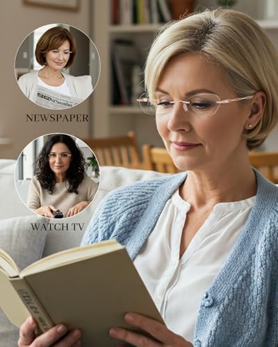 LUFF Rimless Reading Glasses for Women | Blue Light Computer Readers | Lightweight 16g Metal Frame | Eye Strain Relief