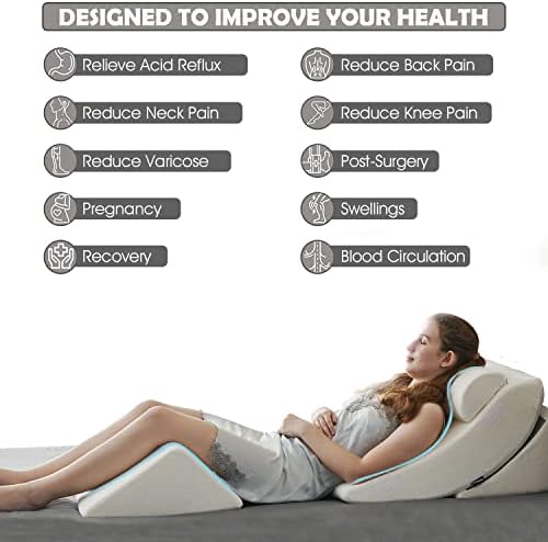 Ganaver 4pcs Orthopedic Bed Wedge Pillow Set Post Surgery Relaxing Back Adjustable Head Support Cushion Triangle Memory Foam Pillow for Acid Reflux Sleeping Reading Leg Elevation Snoring White