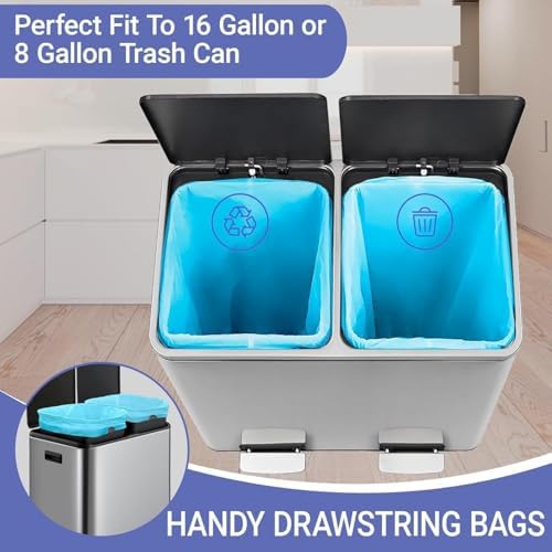 8 Gallon Trash bags for Dual Trash Can (2 x 8 Gallon), 100 count Drawstring Kitchen Garbage Bags, Pre-Separated Blue
