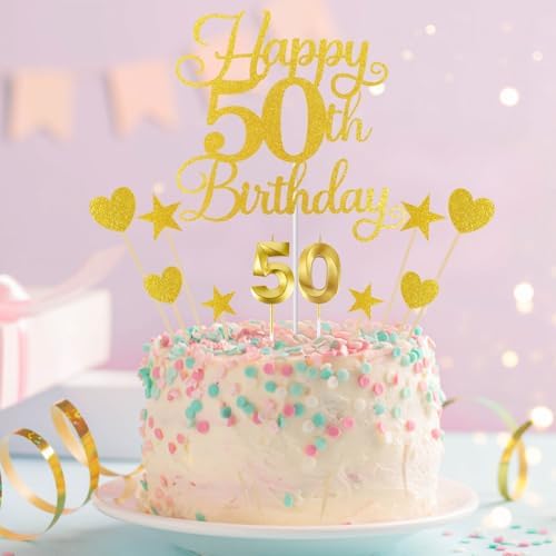 Happy 50th Birthday Cake Topper for 50th Birthday Decorations Numeral 50 Candle with Glitter Heart Cupcake Picks Set for Men Women Hello 50 Birthday Anniversary Party Cake Decor Supplies（GOLD）