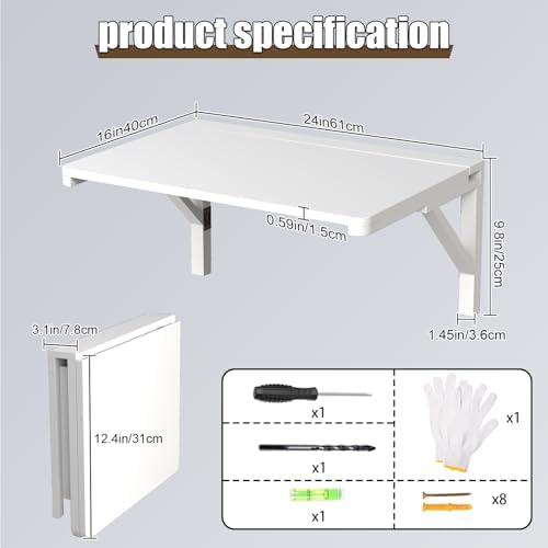 MM MELISEN Wall Mounted Folding Table, 23.6"L x 15.7"W, White, Space-Saving Design