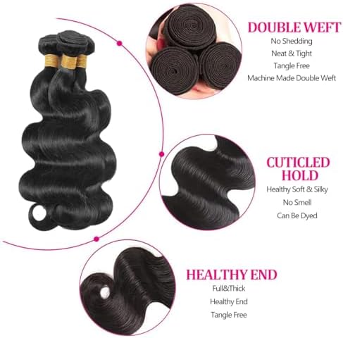 Body Wave Bundles Human Hair 14 16 18 Inch Human Hair Bundle 100% Unprocessed Brazilian Virgin Hair 3 Bundles Human Hair Extensions for Black Women Natural Color