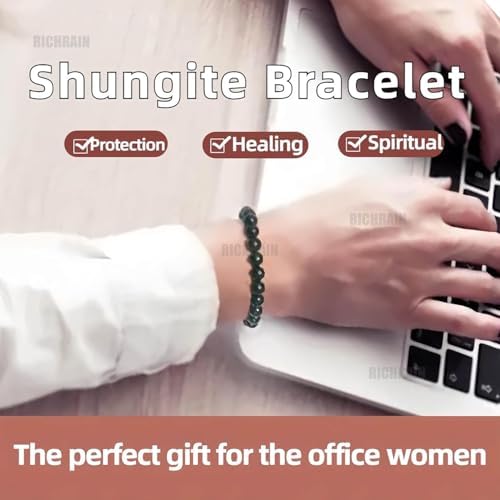 RICHRAIN™ Shungite Bracelet for Men Women, 8mm Natural Matte Shungite Stone Beads, Handmade Braided Black Crystal Healing Gemstone Bracelet, Adjustable 6-8 Inch Wrist, Protection Bracelets Jewelry Gift for Mom Mothers