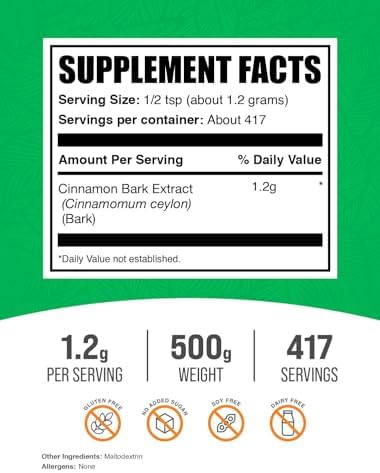 BulkSupplements.com Cinnamon Bark Extract Powder - Ceylon Cinnamon Supplement, Herbal Supplement - Vegan & Gluten Free, 1.2g per Serving, 500g (1.1 lbs) (Pack of 1)