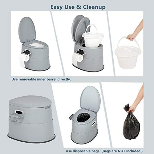 VINGLI Portable Toilet | Indoor Outdoor Commode w/Detachable Inner Bucket & Removable Paper Holder, Lightweight & Compact for Camping, Boat, Van, Emergency Use (Grey)