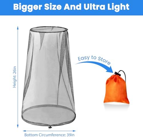 2 Pack Mosquito Head Nets with Drawstring - Ultra Large & Extra Long, Premium Breathable Bug Net for Head, Universal Fit for Hats, Mosquito Net Hat for Hiking, Camping, Fishing, Gardening