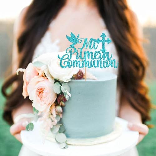 1 Pack Spanish Mi Bautizo Cake Topper with Glitter Cross Holy First Communion Baptism Cake Toppers Picks Religious God Bless Baptism Theme Baby Shower 1st Birthday Party Decorations Supplies Blue