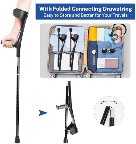 Forearm Crutches for Adults,Open Cuff,Handle with Light Reflector,Foldable and Height-Adjustable Elbow Crutches,High Density Sturdy Aluminum,A Pair, Black