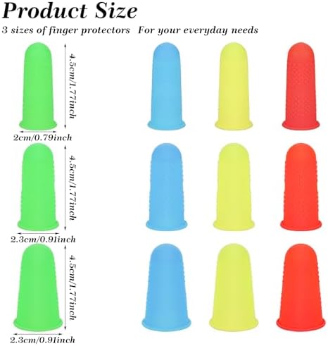 12 PCS Silicone Finger Protectors Covers, 3 Sizes Rubber Finger Tips Office Thumb Guard Sleeves Fingers Thimbles Cots for Hand Sewing Hot Glue Embroidery Cutting Ironing (Yellow Red Blue Green)