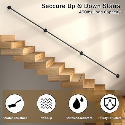 DAMEING Stair Railing 10FT Metal Staircase Handrail for Outdoor Steps, Black Galvanized Industrial Iron Pipe Hand Rail for Indoor Porch Stairs Wall Mount for Elderly Safety