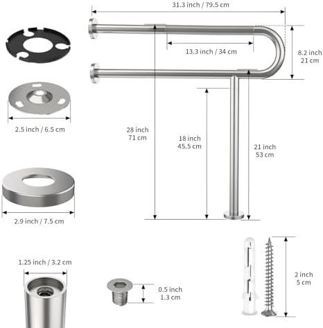Toilet Support Rail 31.3X 31.5 Inch, Munzong Anti-Slip Satin Brushed Nickel Handicap Grab Bar for Bathroom, Stainless Steel Knurled Safety handrails with Leg for Elderly Disabled Pregnant-1.25’Tube