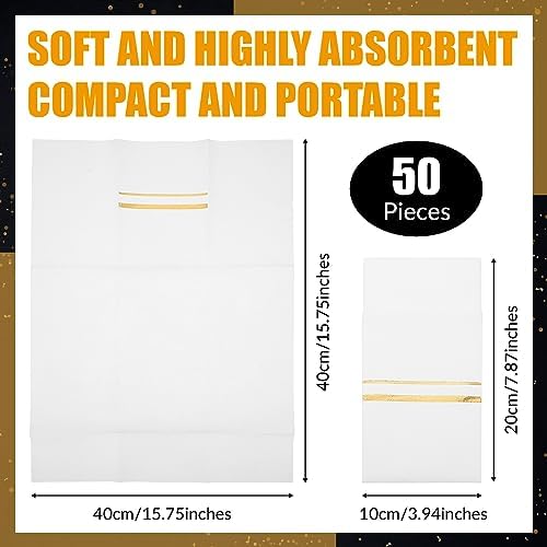 Roshtia 50 Pack Dinner Napkins Disposable Linen Feel Dinner Napkins with Built-in Flatware Pocket Gold Trim Lined Pre Folded Paper for Wedding Party (White,Gold)