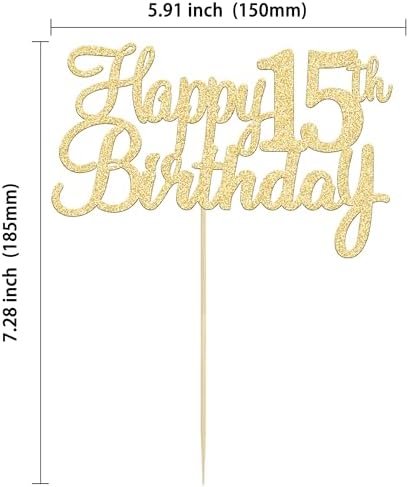 Gyufise 1Pc Gold Happy 15th Birthday Cake Topper Glitter 15th Birthday Cake Pick Cheers to 15 Years Old Fifteen Fabulous Cake Decorations for 15th Birthday Theme Party Supplies