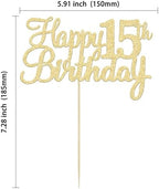 Gyufise 1Pc Gold Happy 15th Birthday Cake Topper Glitter 15th Birthday Cake Pick Cheers to 15 Years Old Fifteen Fabulous Cake Decorations for 15th Birthday Theme Party Supplies