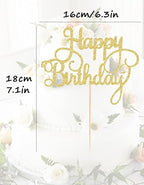 Happy Birthday Cake Topper - Gold Glitter Happy Birthday Cake Bunting Decor - Bday Party Cake Decoration Supplies, for Photo Booth Props