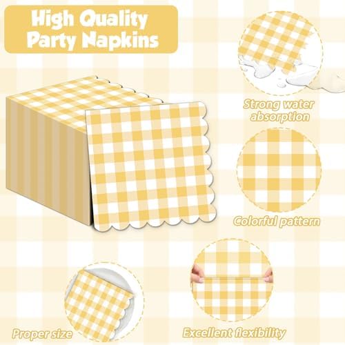 100Pcs 6.5 x 6.5inch Yellow and White Checkered Scalloped Napkins Disposable Yellow Plaid Paper Napkin Plaid Party Decoration for Birthday Picnic Family Dinner BBQ Wedding Baby Shower Party Supplies