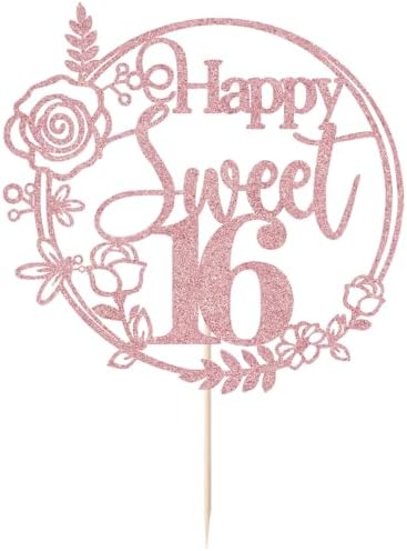 Rose Gold Glitter Happy Sweet 16 Cake Topper - Happy 16th Birthday Cake Decor - Hello 16, Cheers to 16 Years Birthday Party Decoration Supplies (rose gold)