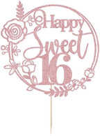 Rose Gold Glitter Happy Sweet 16 Cake Topper - Happy 16th Birthday Cake Decor - Hello 16, Cheers to 16 Years Birthday Party Decoration Supplies (rose gold)
