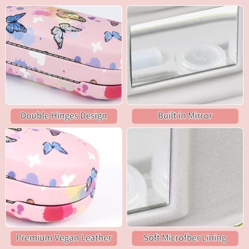 2 in 1 Contact Lens Case and Eyeglasses Case for Women Men Kids, Double Sided Hard Shell Portable Glasses Travel Holder with Built-in Mirror, Contact Lens Box (Pink Butterfly)