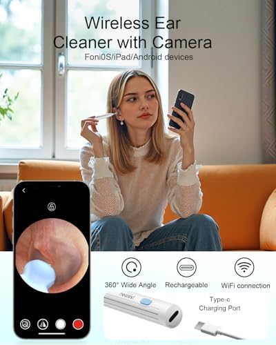 Ear Wax Removal- Earwax Remover Tool with 1296P HD Camera, Ear Canal Cleaner with 6 LED Lights 8 Different Rechargeable Ear Cleaning Kit, Smart Ear Camera for iOS & Android (White)