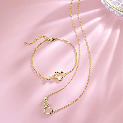 FANCIME Infinity Love Heart Necklace Bracelet 925 Sterling Sliver Gold Plated Dainty Simulated Diamond Jewelry Birthday Anniversary Mothers Day Gifts for Women Mom Her Wife Lady, Adjustable Chain