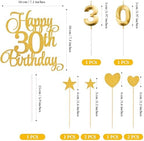 30th Birthday Cake Toppers, 30th Birthday Candles Numeral Candles and Glitter Cake Decorations Toppers Set for Party Supplies (Gold)