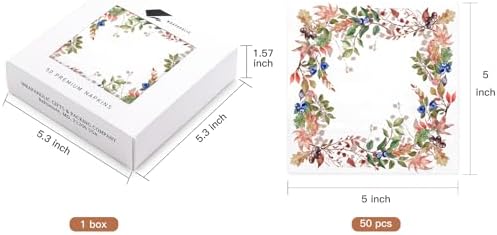 WRAPAHOLIC 50Pcs Fall Paper Napkins - 3-Ply Autumn Fruits Leaves Disposable Cocktail Napkins for Autumn, Thanksgiving Party Supplies Tableware - 5 x 5 In