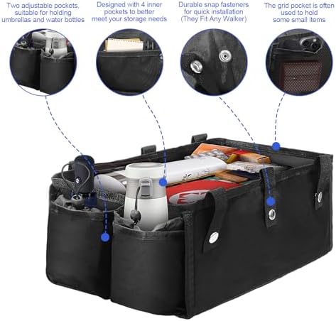 Upgraded Under Seat Rollator Bags with Cup Holders, Four Wheel Drive Walker Basket, Reusable Walker Bags for Rolling Walker, Rollator Basket Accessory for Seniors Storage Ipad & Essential