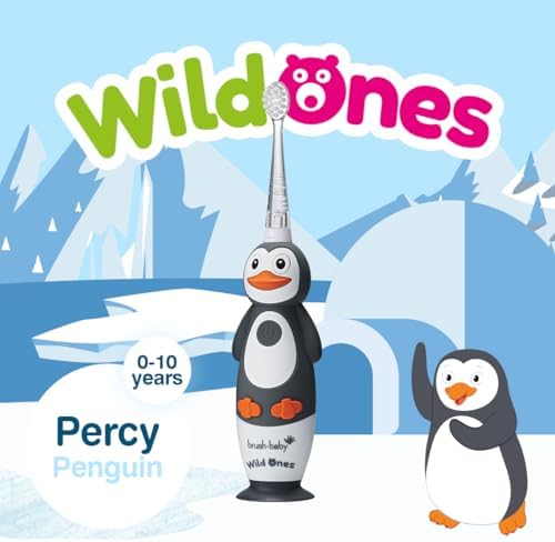 BrushBaby - WildOnes - Kids Rechargeable Electric Toothbrush, Ages 0-10 - Penguin Design with Flashing Lights - DeepClean Bristles for Superior Cleaning - 2 Replacement Brush Heads, 1 USB Cable