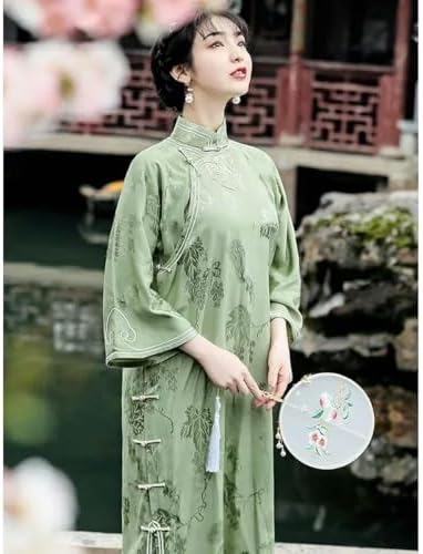 Elegant Green Satin Jacquard Long Sleeved Cheongsam Dresses Qing Dynasty Vintage Long Dress Casual Qipao
