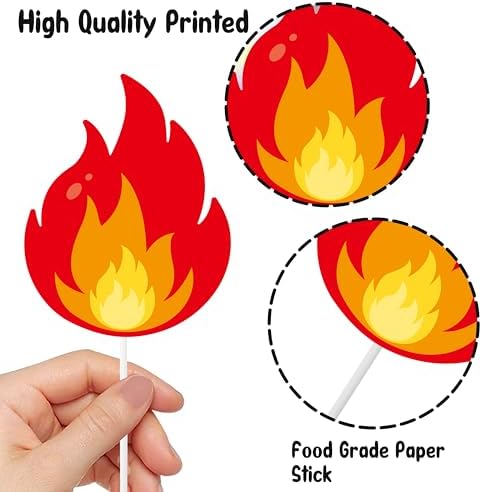 24Pcs Fire Flame Theme Cupcake Toppers Flame Birthday Party Decorations Fire Theme Cake Cupcake Decorations for Firefighter Birthday Party Fire Truck Baby Shower Supplies