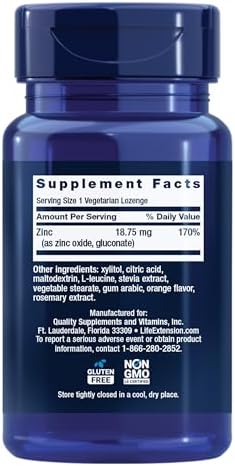 Life Extension Zinc Lozenges – Citrus-Orange Flavor – for Healthy Protein Synthesis & Immune Health - Inflammation Management Supplement - Gluten-Free, Non-GMO – 60 Vegetarian Lozenges
