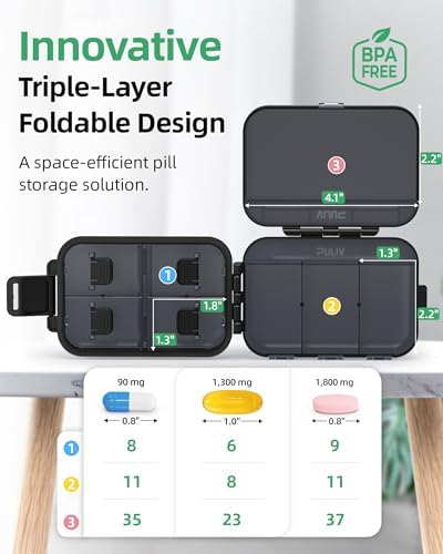 PULIV Travel Pill Organizer with 3 Layers for Compact and Large Storage, Easy-to-Open Daily Pill Box Case, Portable Medication Organizer with 8 Compartments for Supplements, Vitamins, Fish Oils
