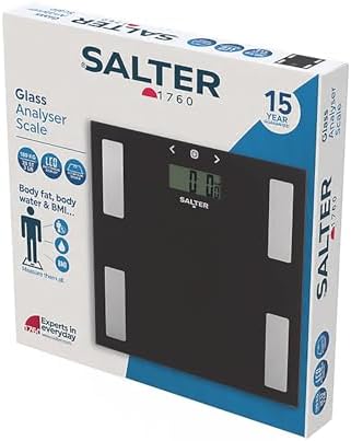 Salter 9150 BK3R Glass Analyser Bathroom Scale - Digital Weighing Scales, Measures Body Weight/Fat/Water/BMI, Accurate Instant Readings, Includes Athlete Mode, Easy to Read, Large LCD Display, Black