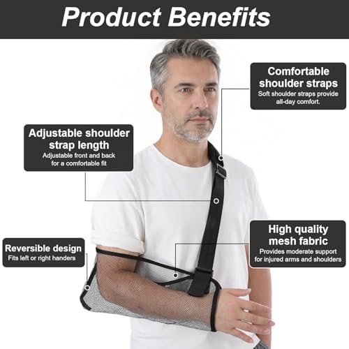 Arm Sling for Shoulder Injury, Adjustable Mesh Breathable Shower Immobilizer for Left Right Arm, Elbow Wrist Support for Men Women