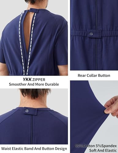 Adaptive Clothing for Men, Anti-Strip Back-Zip Jumpsuit Cotton Romper- Elderly Easy Care Onesie for Special Needs