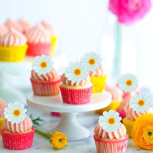 40PCS Edible Daisy Cupcake Toppers White Daisy Flower Cupcake Picks for Spring Flower Baby Shower Girls Birthday Party Drink Toppers Bridal Engagement Wedding Anniversary Party Decorations Supplies
