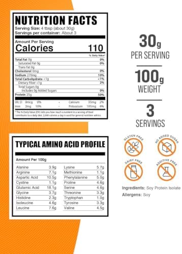 BulkSupplements.com Soy Protein Isolate Powder - Vegan Protein Powder, Unflavored - Pure & Gluten Free, 30g per Serving, 100g (3.5 oz) (Pack of 1)