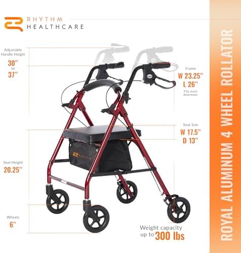 Rhythm Healthcare Royal Aluminum 4 Wheel Rollator, Lightweight Folding Walker with Padded Seat, Tote Bag, and Locking Loop Brakes, Red