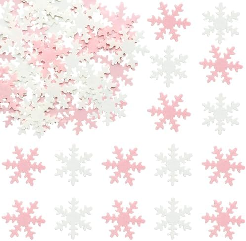 Gyufise 50Pcs Pink Edible Cupcake Cake Toppers Snowflake Cake Decorations for Christmas Winter Frozen Theme Party Supply Decoration Pink White