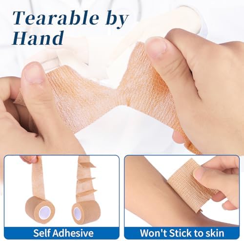 Frontline 24 Pack Self Adhesive Bandage Wrap 2" x 5 Yards Athletic Tape Vet Wrap Tattoo Supplies Wrap Medical Supplies Elastic Cohesive Bandage Wrist Ankle Sports Tape (Beige)