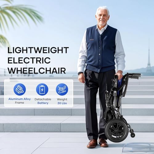 Lightweight Foldable Electric Wheelchair for Adults Seniors 30 Lbs Compact Motorized Wheelchair with Detachable Battery Airline Approved(Blue)