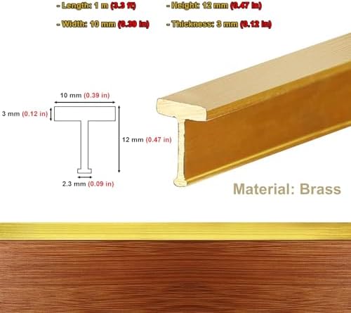 CMYUN Flat T-Shaped Brass Threshold Strip Gold, Extra Narrow Doorway Transition Strips Wood to Tile, Stair Wall Edging Trim Transition Bar, Joins Floor Gap(10x12mm(0.39x0.47 in))