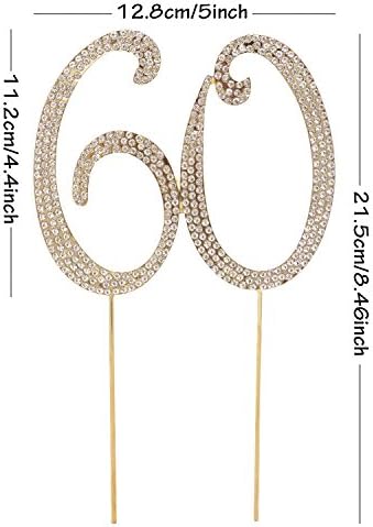 Honbay 60 Cake Topper Premium Sparkly Crystal Rhinestones Cake Topper Cake Decoration for 60th Birthday or Anniversary Party (60 Gold)