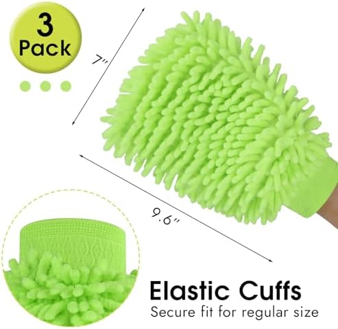 3 Pack Chenille Microfiber Car Wash Mitt, 7" x 9.6" Car Washing Mitts, Home Dusting Gloves, Scratch Free Lint-Free, Highly Absorbent, Double Sided, for Cleaning Detailing Polish (Green)