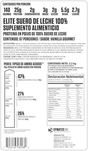 Dymatize Elite 100% Whey Protein Powder, Vanilla, 25g of Protein, 5.5g BCAAs, Less Than 140 Cal., Gluten Free, 2g Carb, 2g Sugar, 3g Fat (67 Servings)