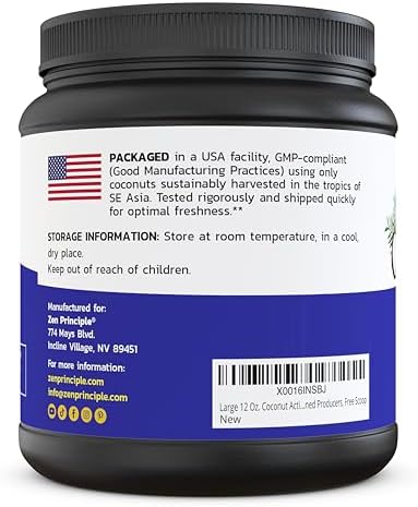 Zen Principle Coconut Activated Charcoal Powder. Whitens Teeth, Rejuvenates Skin and Hair, Supports Better Digestion. USA-Owned Producers, Free Scoop, 12 Oz